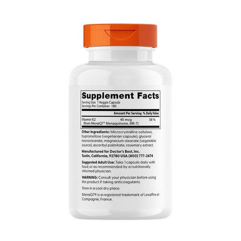 Doctors Best, Natural Vitamin K2 MK-7 with MenaQ7, 100 Mcg, 180 Veggie Caps Doctors Best