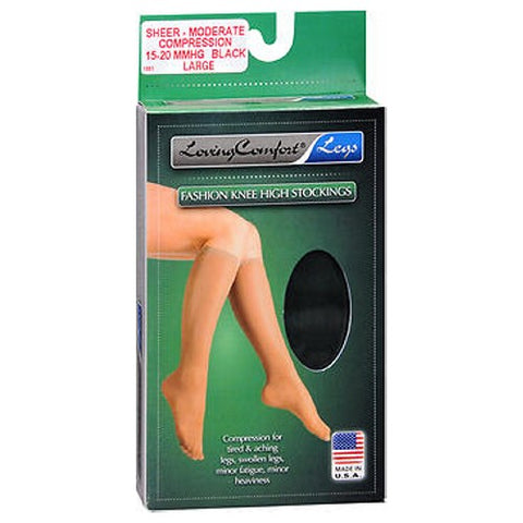 Fashion Knee High Stockings Sheer Moderate Compression Large Black 1 Pair by Loving Comfort