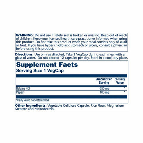 Solaray, Betaine HCI With Pepsin, 650 Mg, 100 Veg Caps Solaray