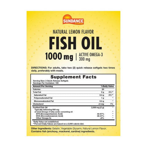 Sundance, Vitamins Fish Oil - Omega-3 Softgels Natural Lemon Flavor, 1200 mg, 200 Caps Sundance