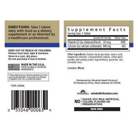 Windmill Health, Calcium with Vitamin D3, 600 mg, 60 Tabs
