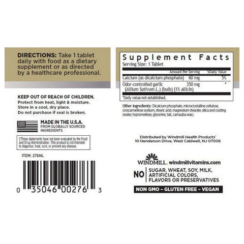 Windmill Health, Garlic Odor-Controlled, 350 mg, 100 Tabs