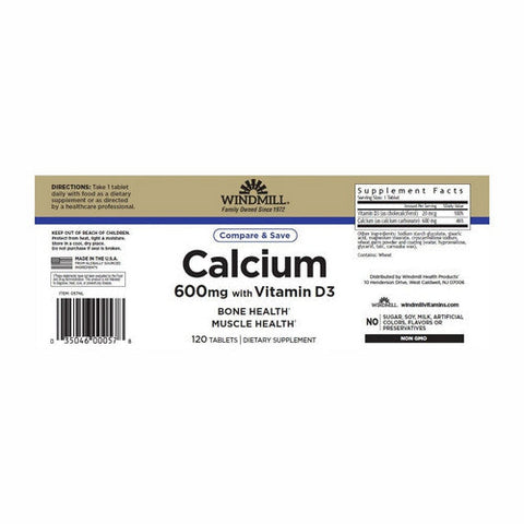 Windmill Health, Calcium With Vitamin D3, 600 Mg, 120 Tabs
