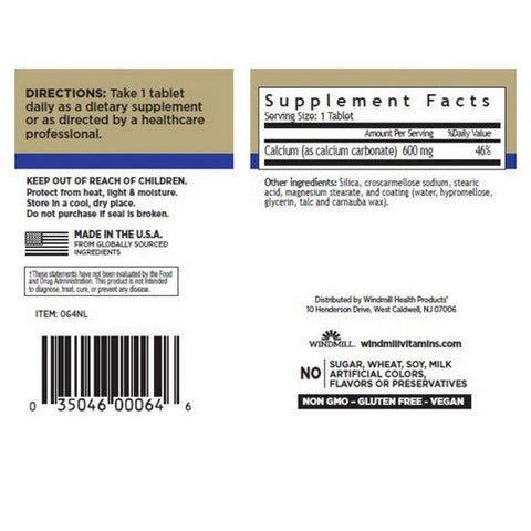 Windmill Health, Calcium Carbonate, 600 mg, 60 Tabs