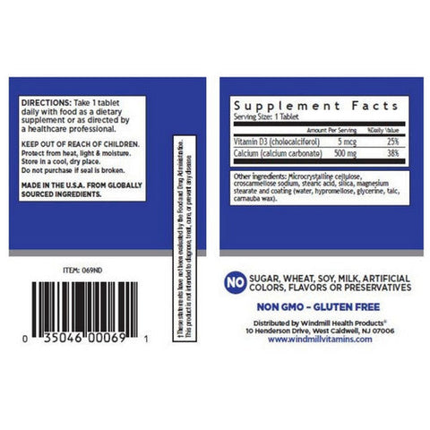 Windmill Health, Oyster Shell Calcium with Vitamin D, 500mg, 60 Tabs