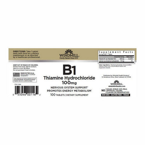 Windmill Health, Vitamin B1 Thiamine Hydrochloride, 100 Mg, 100 Tabs