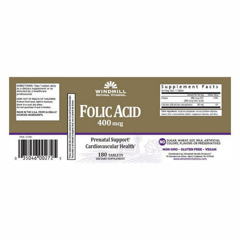 Windmill Health, Folic Acid, 400 Mcg, 180 Tabs