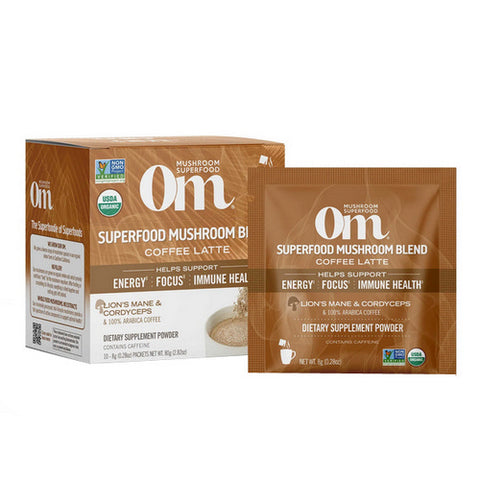 Om Mushrooms, Coffee Latte Mushroom Powder, 2.82 Oz (10 pouches) Om Mushrooms