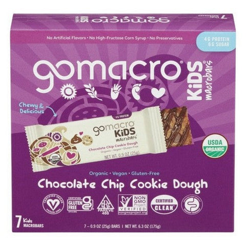 Gomacro, Kids Chocolate Chip Cookie Dough Macrobars, Case of 7 X 6.3 Oz Gomacro
