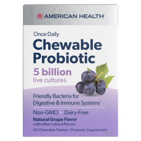American Health, Chewable Probiotic, (5 Billion), Natural Grape 60 Tabs American Health