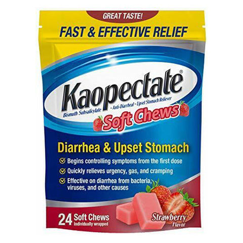 Kaopectate, Bismuth Subsalicylate Diarrhea & Upset Stomach Reliever Soft Chews Strawberry, 24 Chews Kaopectate
