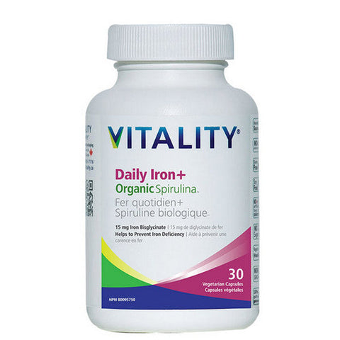 Vitality, Daily Iron Plus Organic Spirulina, 15 Mg, 30 Veg Caps Vitality