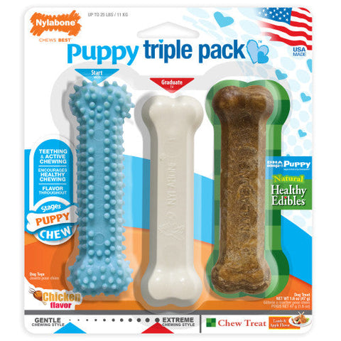 Nylabone, Nylabone Puppy Chew Variety Toy & Treat Triple Pack, 3 count, 1 Each/SMall/Regular - Up To 25 Ibs. Nylabone