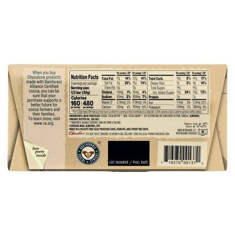Chocolove, Almonds And Sea Salt In Milk Chocolate Bar, 3.2 Oz(Case Of 12) Chocolove