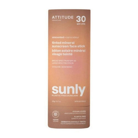 Attitude, Tinted Mineral Sunscreen Face Stick SPF 30 Sunly Plastic Free Unscented, 0.7 Oz Attitude