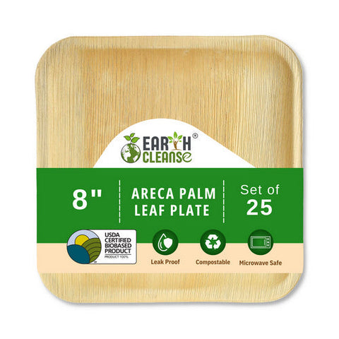 Earth Cleanse, Areca Palm Leaf Square Plates 8-Inch, Pack of 25 Earth Cleanse