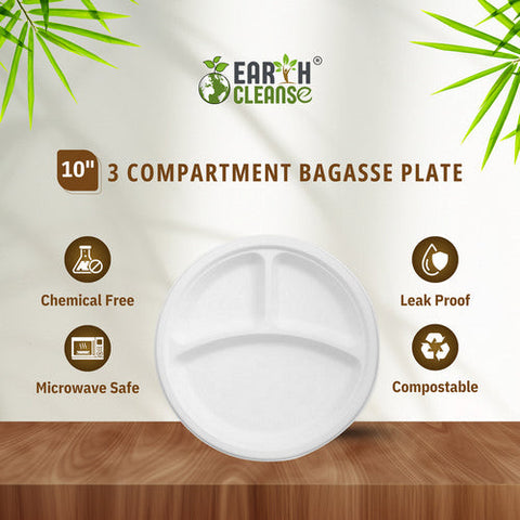 10" Round 3 Compartment Round Bagasse Plate Premium 750 Pack by Earth Cleanse Earth Cleanse