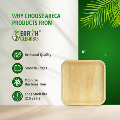 Earth Cleanse, Areca Palm Leaf Square Plates 8-Inch, Pack of 200 Earth Cleanse