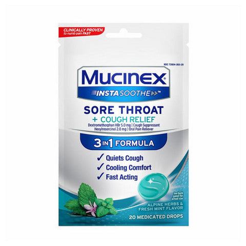 Mucinex, InstaSoothe Sore Throat + Cough Relief Medicated Drops Alpine Herbs And Fresh Mint, 20 Count Mucinex