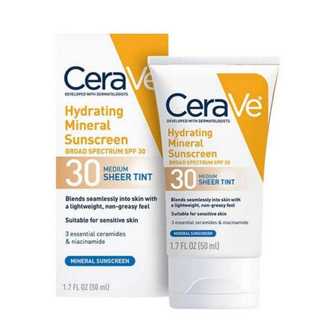 Cerave, Hydrating Mineral Sunscreen Spf 30 Face Sheer Tint Shade Medium, 1.7 Oz Cerave