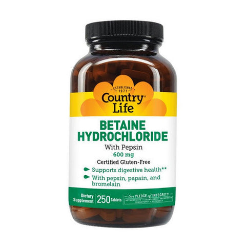 Country Life, Betaine Hydrochloride with Pepsin, 600 MG, 250 Tabs Country Life
