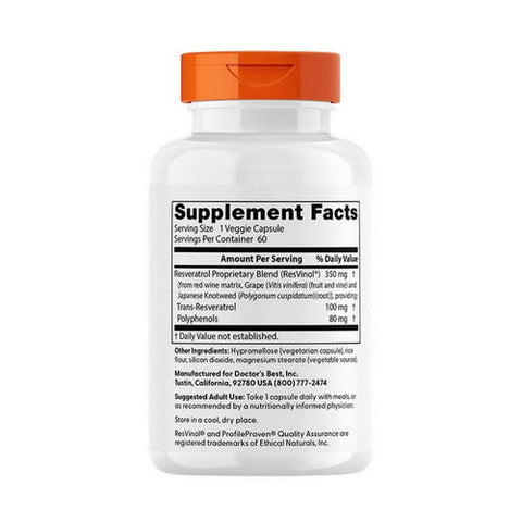 Doctors Best, Trans-Resveratrol 100 With ResVinol, 100 Mg, 60 Veggie Caps Doctors Best