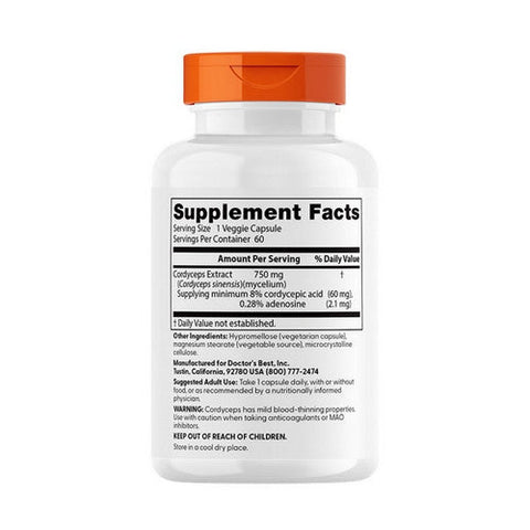 Doctors Best, Ultra Cordyceps, 750 Mg, 60 Veggie Caps Doctors Best