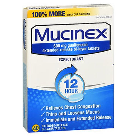 Mucinex, Expectorant 12 Hour Extended-Release, 600 mg, 40 Tabs Mucinex